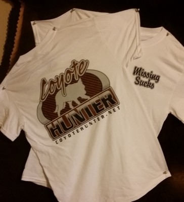 missingT.jpg (110.43 KiB) Viewed 368045 times Missing Sucks w/coyotehunter.net logo<br />Gildan DryBlend 50/50 cotton and Polyester $25